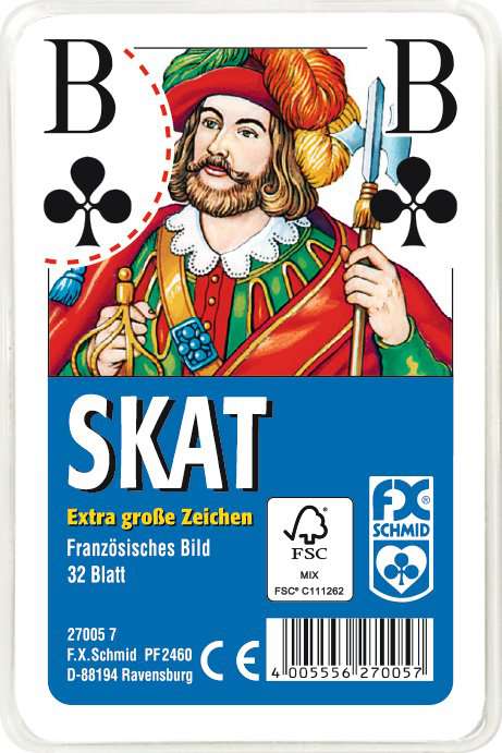 Klassisches Skatspiel, Französisches Bild mit großen Eckzeichen, 32 Karten in Klarsicht-Box